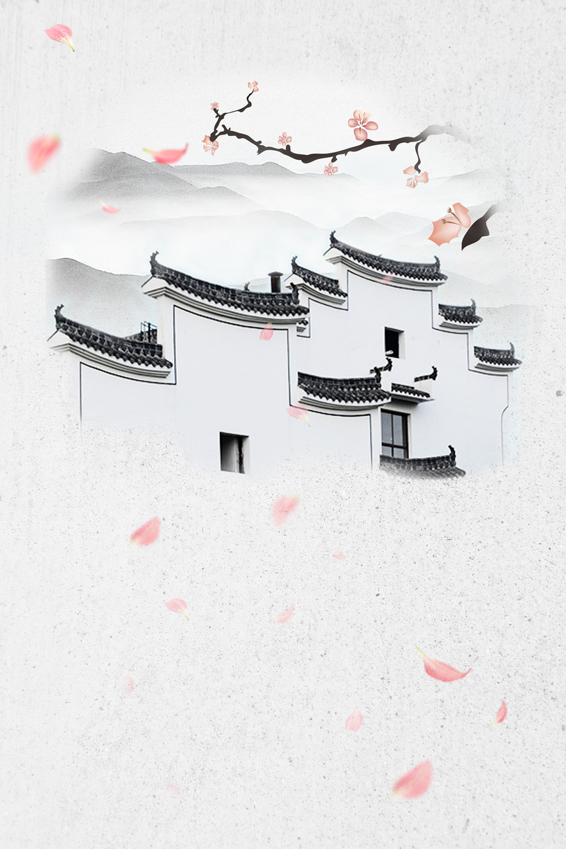 水墨江南水乡徽派建筑海报背景，复古中国风高清JPG/PSD设计素材下载