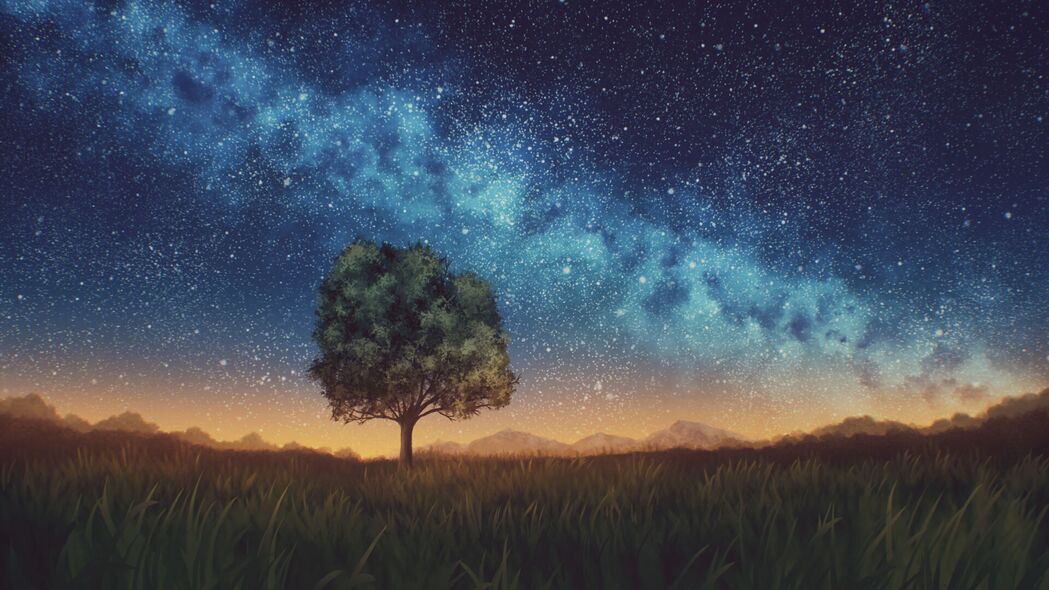草坪树影，夜晚星空深色调，超清4K壁纸，3840x2160高清风景图片下载