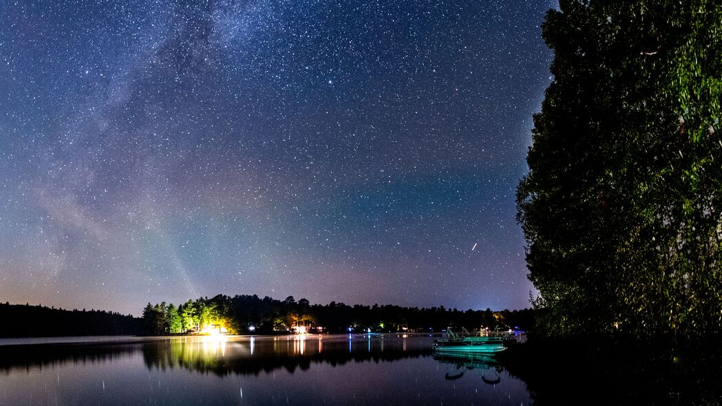 湖泊之夜，星空璀璨下的黑暗风景，超高清4K壁纸（3840x2160）免费下载