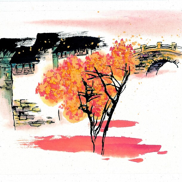 中国风拱桥小巷大树高清PNG透明背景素材，卡通手绘设计元素，免费下载