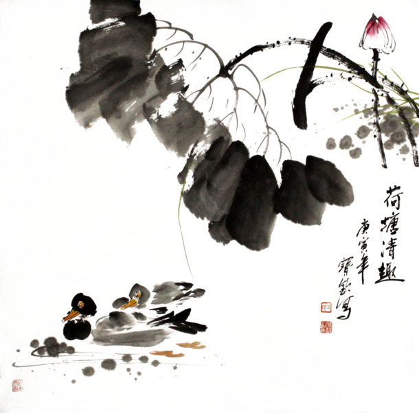 水墨鸳鸯PNG透明图片，高清装饰元素，笔触生动，AI设计素材免费下载