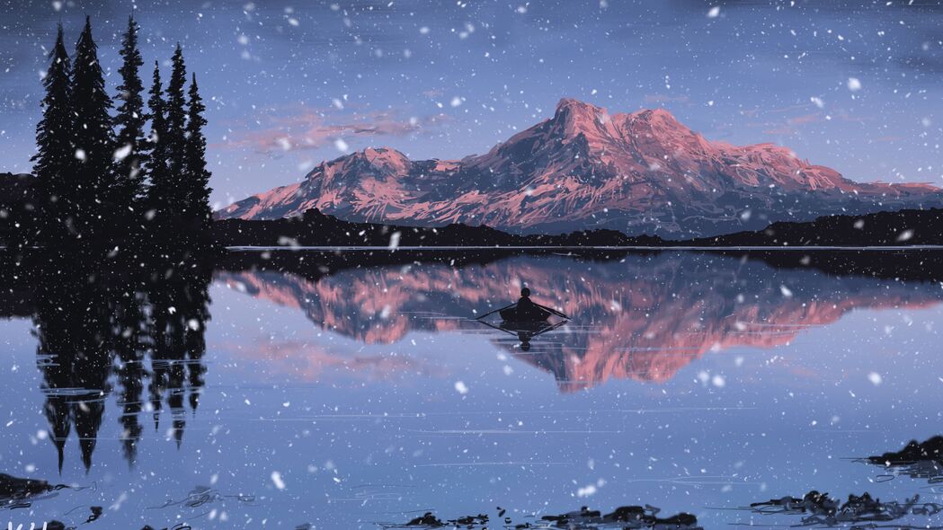 湖山相映，船影悠悠，艺术化雪夜黄昏反射美景，4K超清壁纸3840x2160免费下载