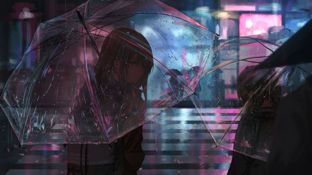 雨夜街道中的动漫女孩，持伞倩影，4K超清壁纸3840x2160免费下载