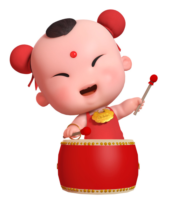 招财童子三维春节敲鼓，高清PNG透明图片，节日元素设计素材下载