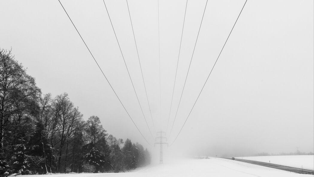 电线雪景，电线杆与冬树之美，4K高清壁纸3840x2160免费下载