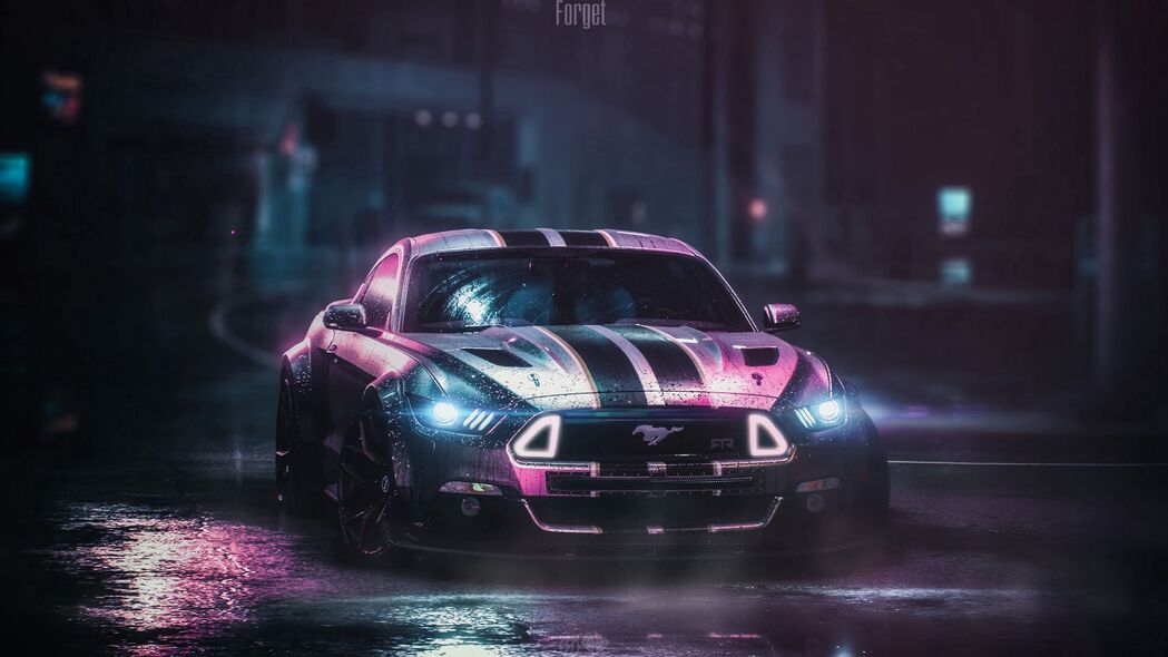 福特野马GTR 4K超清壁纸，霓虹夜晚湿光背景，免费下载3840x2160