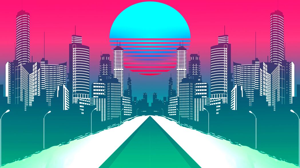 3840x2160超高清复古艺术城市壁纸，合成波风格，精选4K背景图片下载