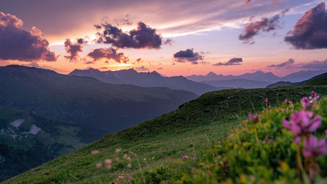 山脉日落美景，斜坡花草绽放，4K高清壁纸3840x2160，绝美风景等你下载