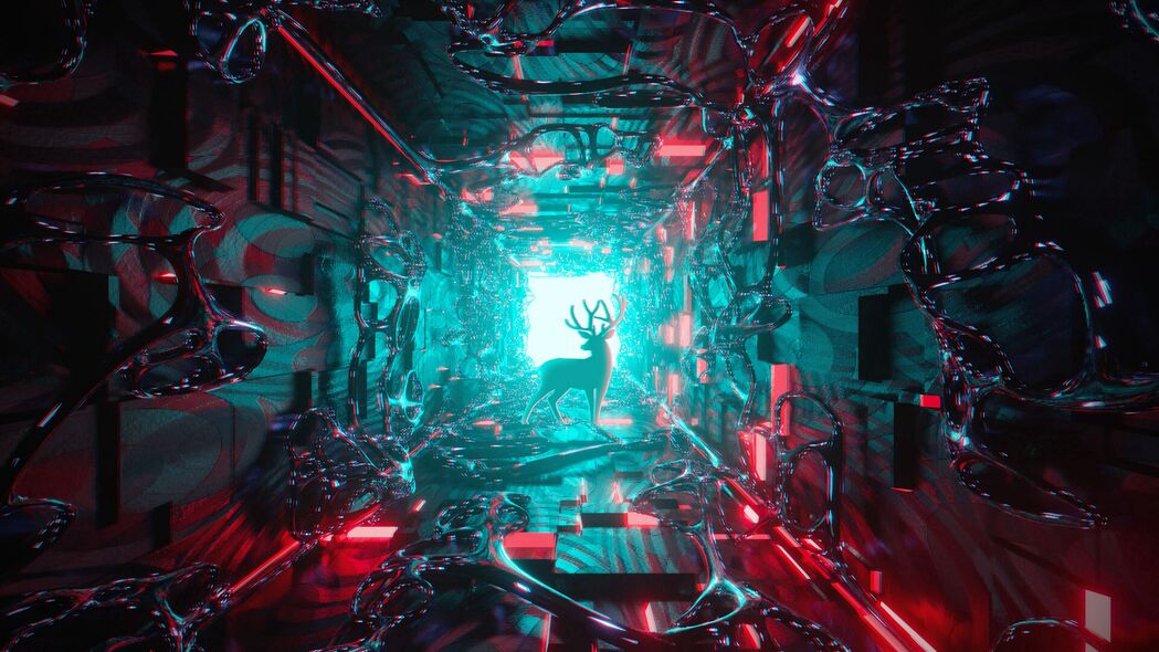3840x2160高清壁纸，鹿行隧道光影艺术，3D背景图片免费下载