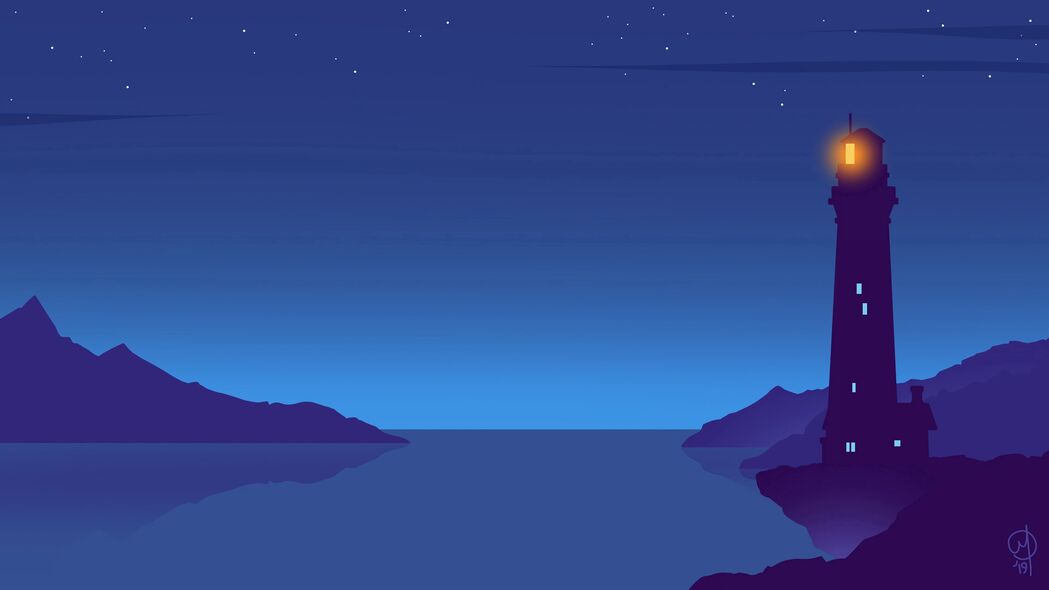3840x2160超高清，夜晚灯塔矢量艺术壁纸，绝美4K背景图片下载