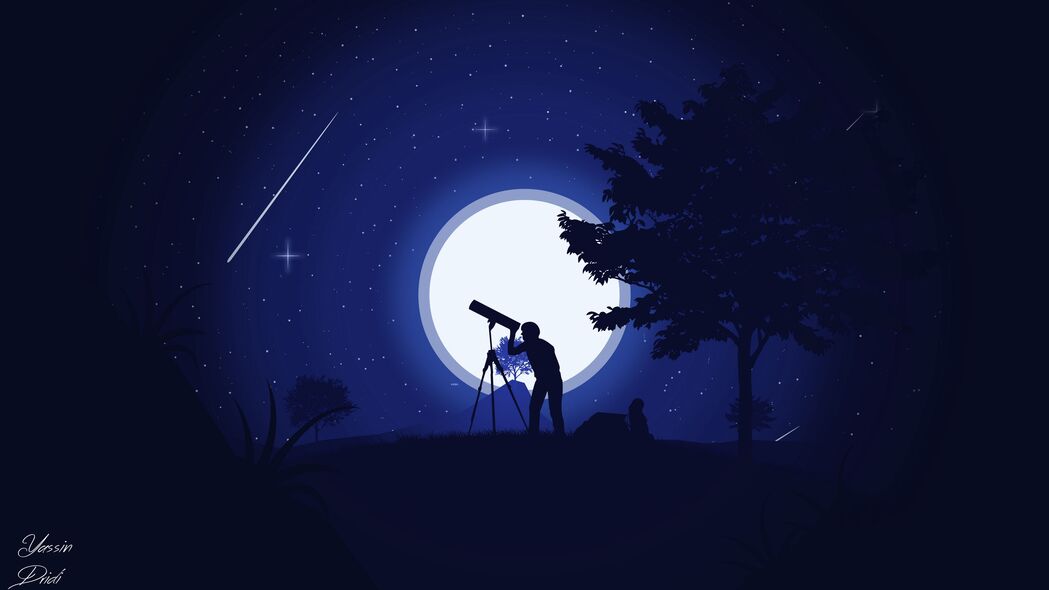 剪影望远镜下的夜晚星空，艺术矢量4K壁纸，高清3840x2160背景图片下载