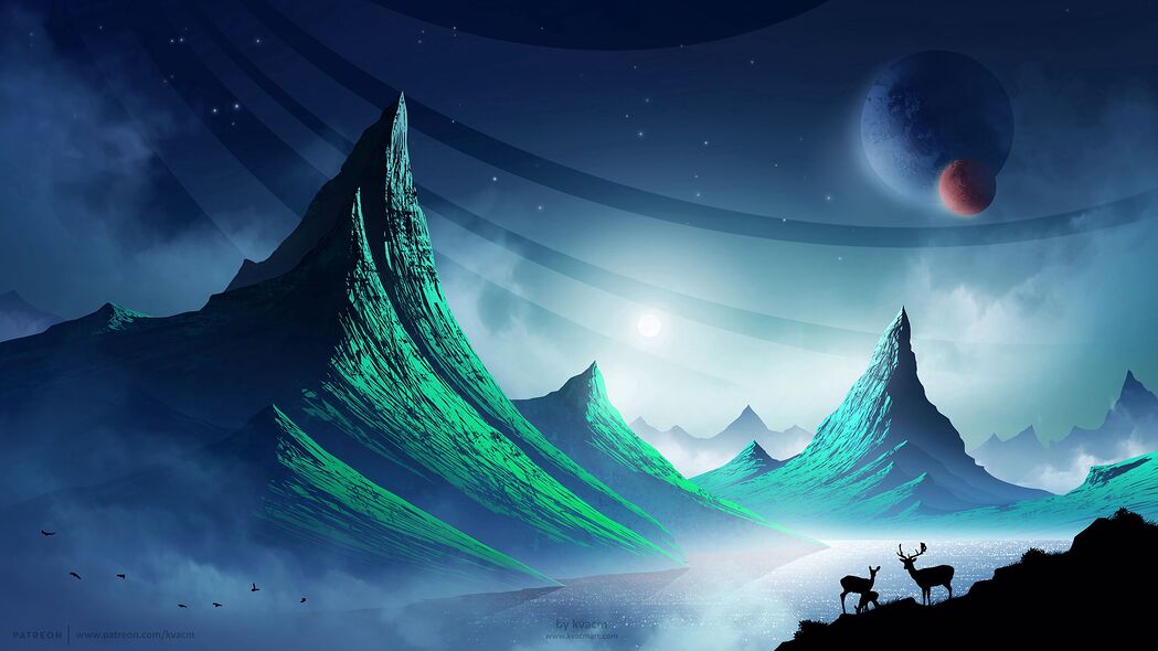 高清4K壁纸下载，鹿行山脉，夜晚艺术风景，空间感十足