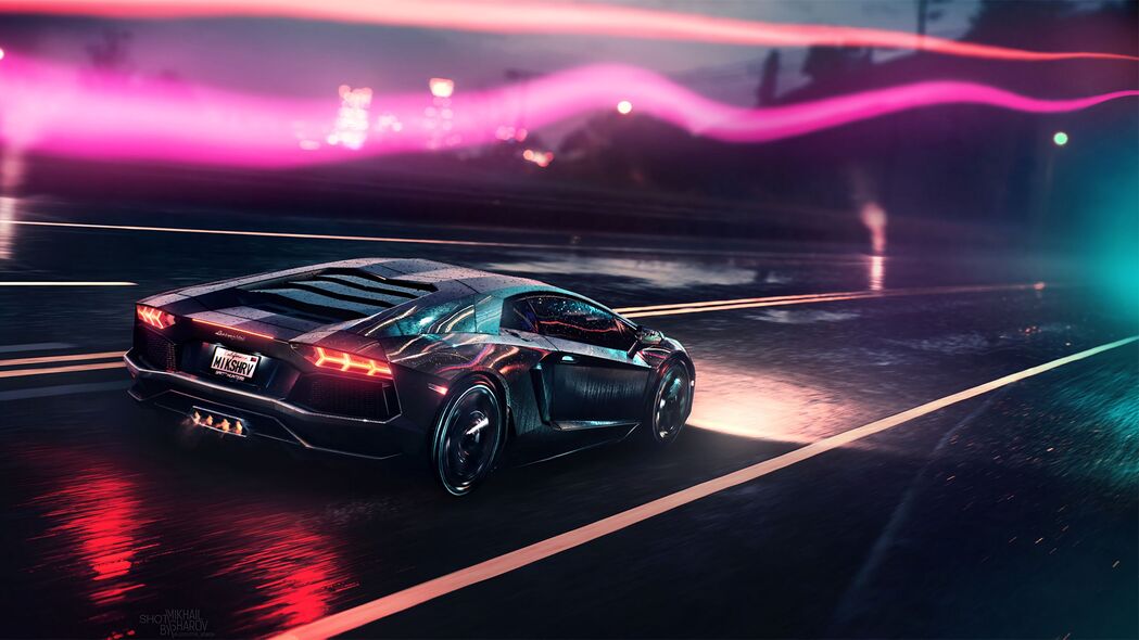 兰博基尼Aventador灰色跑车侧视，赛道夜晚灯光秀，4K高清壁纸3840x2160下载