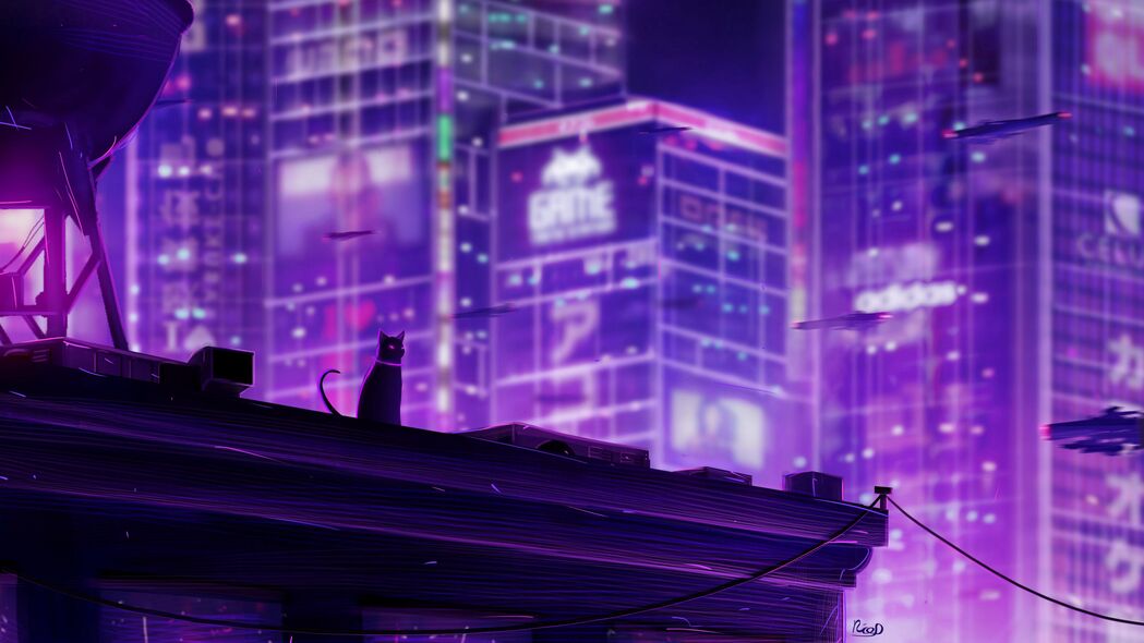 猫跃屋顶，探秘未来城市霓虹，背光4K壁纸，高清3840x2160下载