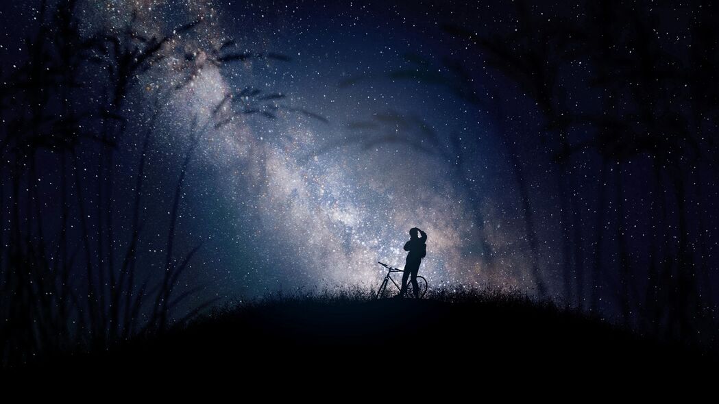 自行车剪影，星空夜晚，乳白色梦幻4K壁纸，3840x2160高清背景图片下载