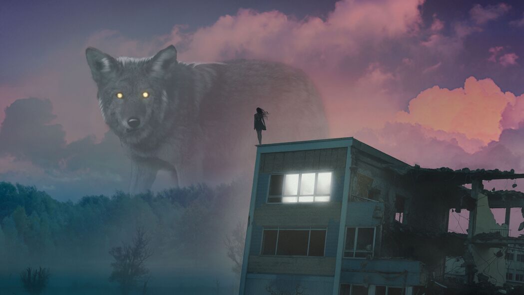 狼与巨人，女孩屋顶迷雾幻觉，4K高清壁纸3840x2160下载
