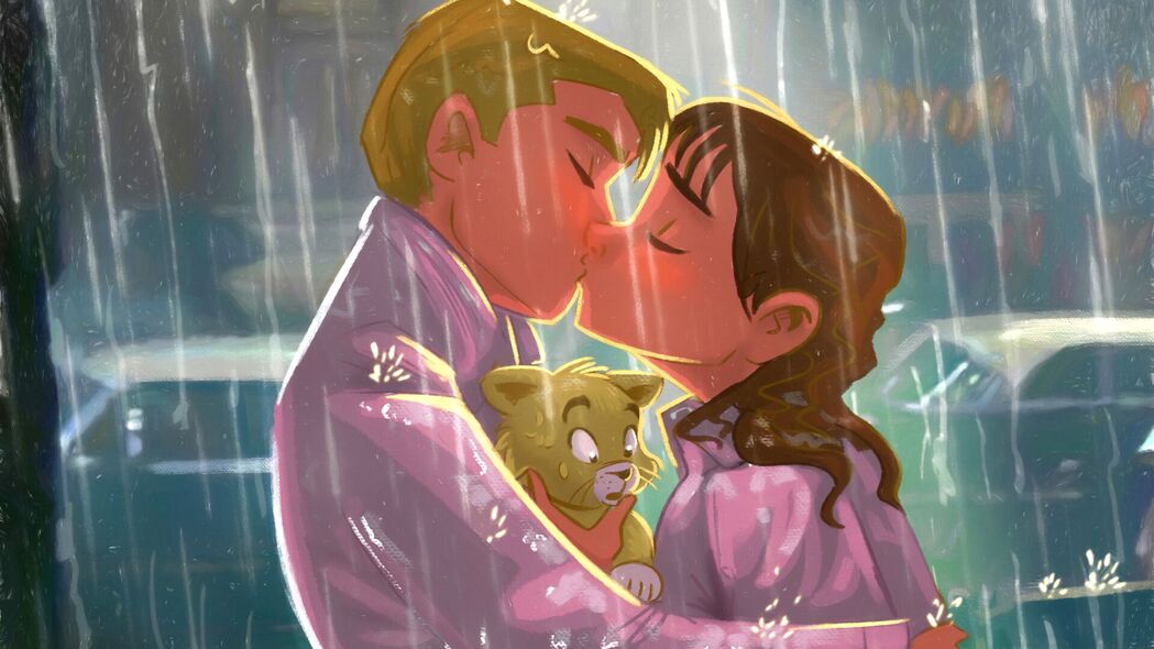 情侣接吻艺术，雨中爱情小猫瞬间，超清4K壁纸，3840x2160高清下载