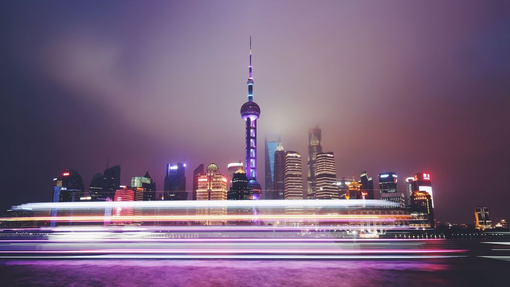 上海大都市夜景，璀璨灯光下的建筑景观，4K高清长曝光壁纸（3840x2160）