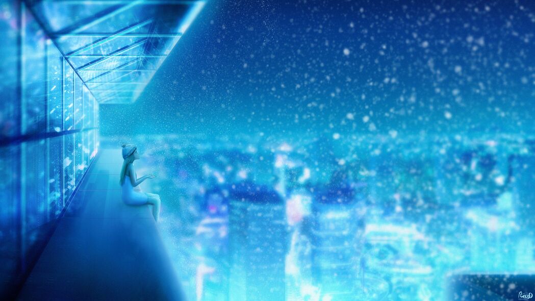 女孩屋顶艺术雪景高清4K壁纸，蓝色高度3840x2160背景图片下载