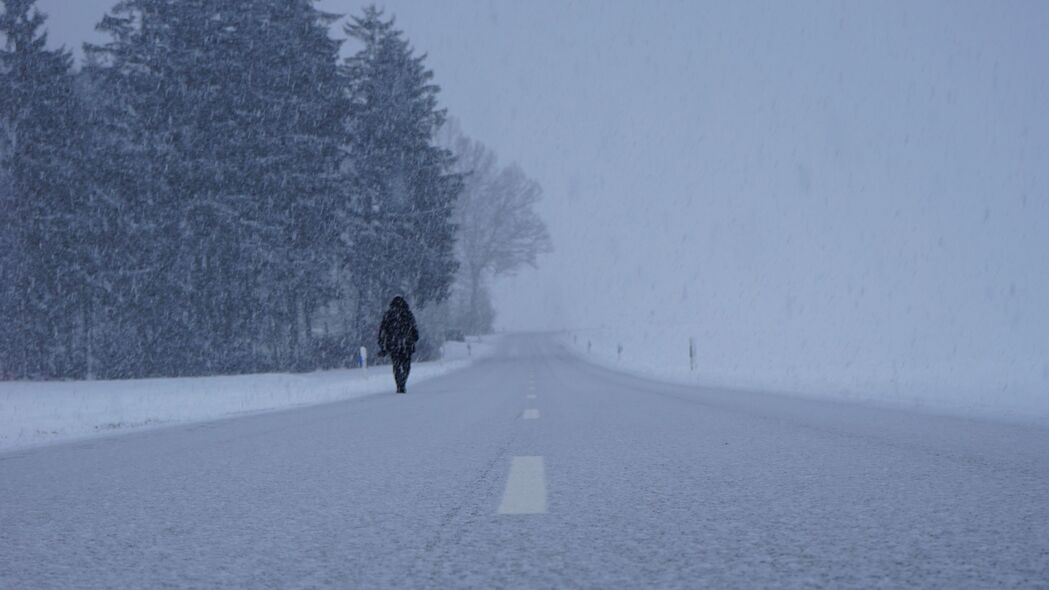 剪影冬天暴风雪，高清4K壁纸，雾绕降雪道路美景，3840x2160超清下载