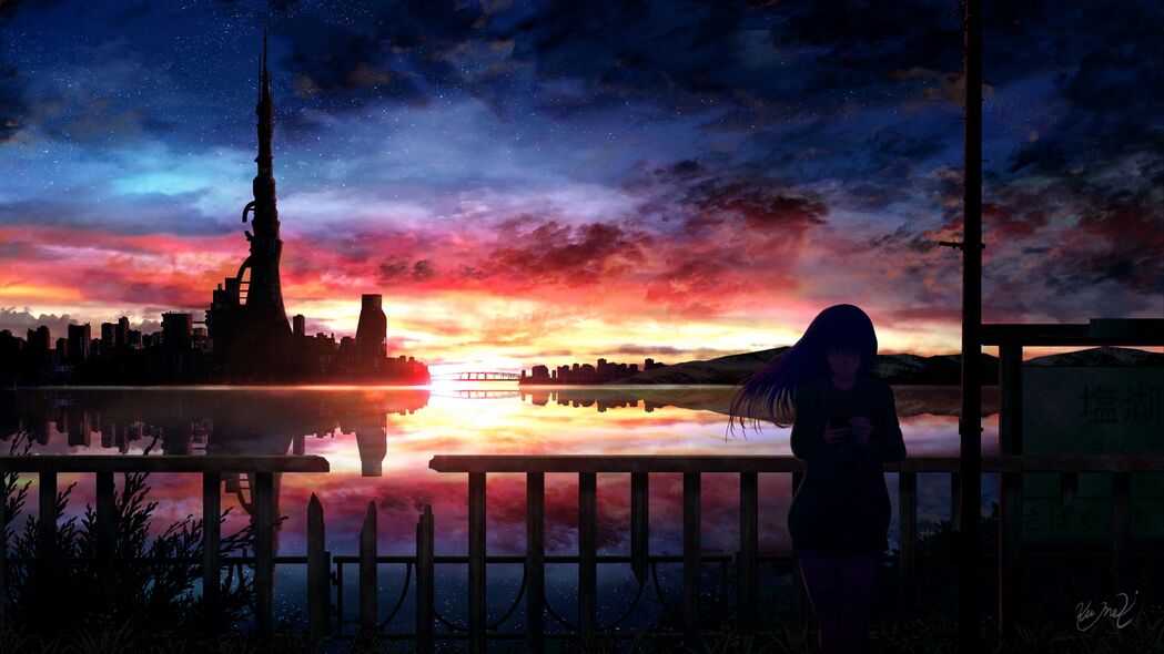 剪影女孩动漫星空4K壁纸，夜晚高清3840x2160图片下载
