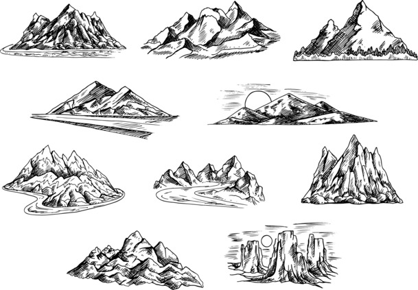 素描手绘山水画PNG透明图，中国风装饰元素，EPS设计素材高清下载