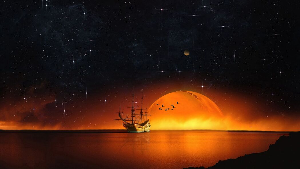 船行星空夜，大海深邃美，4K高清Photoshop壁纸（3840x2160）免费下载