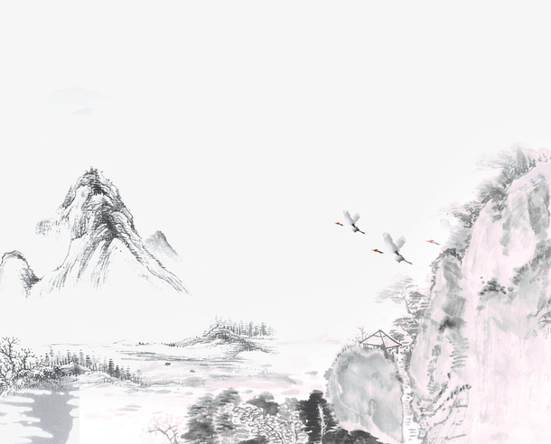 古风青墨山水画PNG素材，高清透明手绘卡通图，AI设计元素免费下载