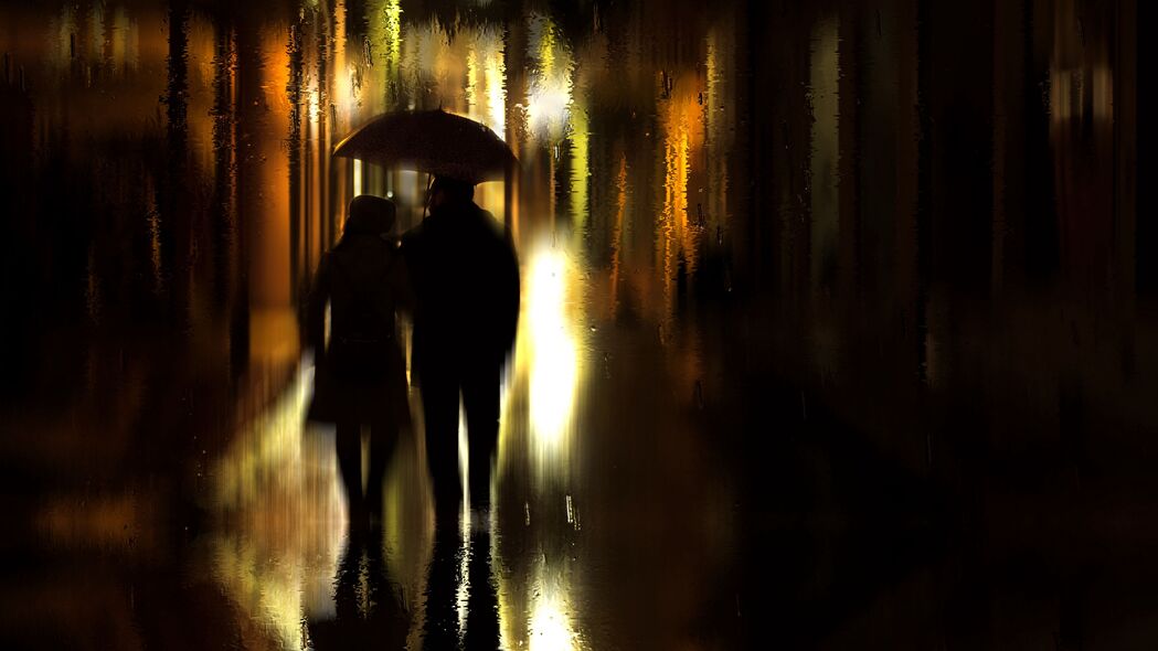 情侣漫步雨中，浪漫剪影，高清4K雨伞壁纸，3840x2160背景图片下载