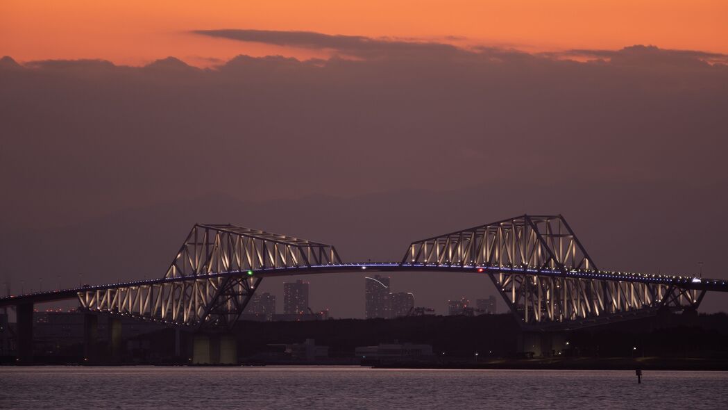 大桥日落，背光海湾建筑美景，4K超高清壁纸3840x2160免费下载