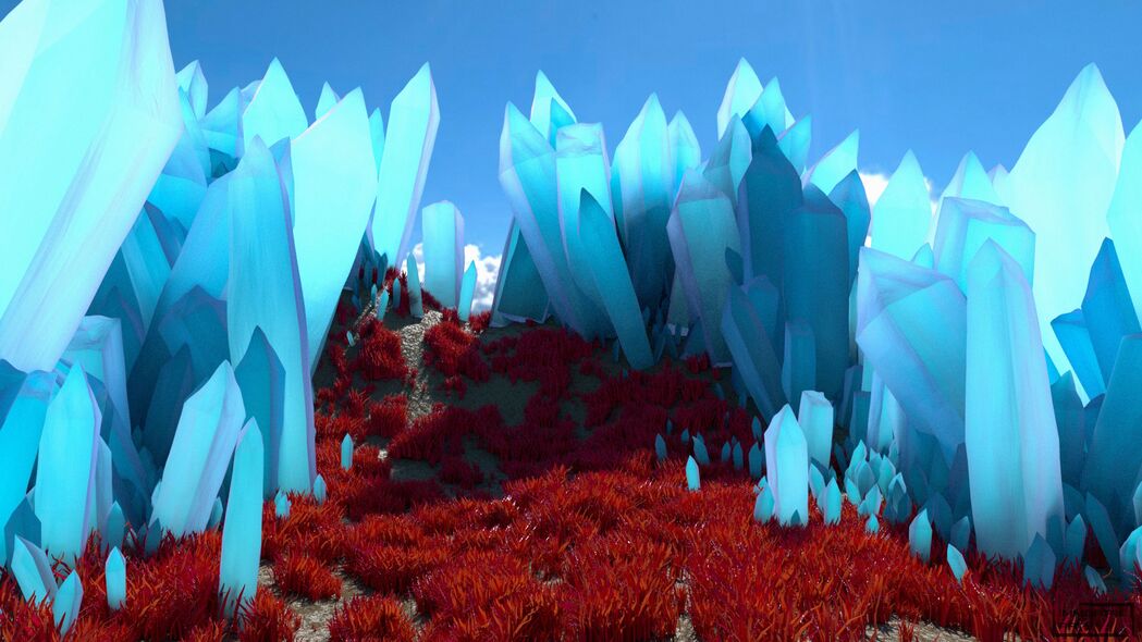 水晶山谷草地3D蓝色4K超清壁纸，3840x2160高清背景图片下载
