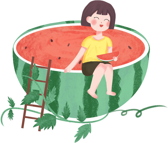 手绘卡通吃西瓜女孩，夏日清新PNG透明图，PSD设计素材免费下载