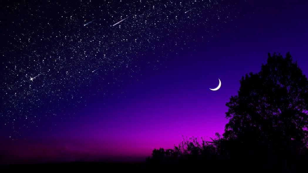 月亮树星空之夜，深色4K高清壁纸，3840x2160超清下载