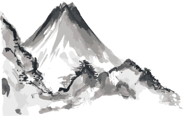 水墨高山矢量图，高清PNG透明装饰素材，墨迹笔触设计元素免费下载