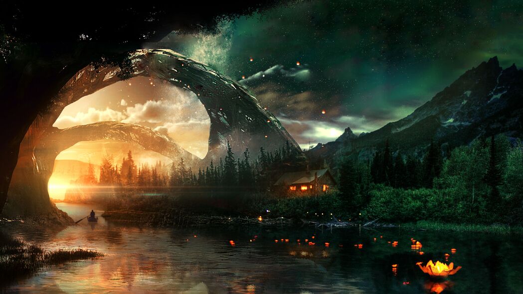 河流映梦，星空下的艺术房子，梦幻4K高清壁纸3840x2160下载