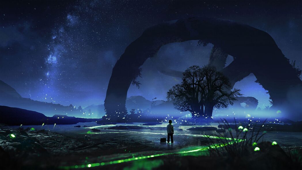 3840x2160超高清儿童夜晚孤独树艺术壁纸，精选4K背景图片下载
