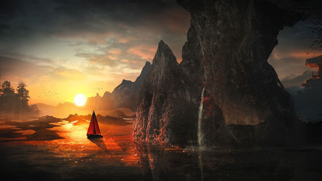 3840x2160高清壁纸，夕阳下的帆船海湾艺术背景，4K超清画质，免费下载