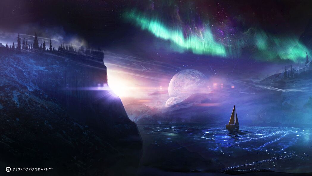 3840x2160高清壁纸，船与行星共舞北极光的艺术之