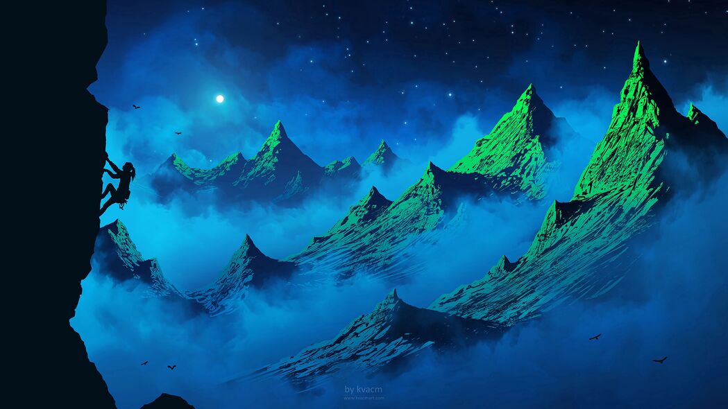 3840x2160高清壁纸，夜晚登山者剪影，山脉女孩与月亮鸟共舞，雾霭缭绕的梦幻背景
