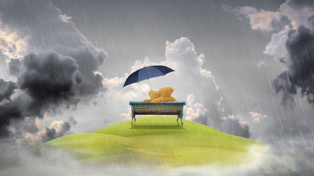 长椅与泰迪熊的雨中恋曲，精选4K高清壁纸（3840x2160）免费下载