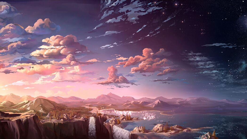 云山艺术瀑布天空，绝美4K壁纸，高清3840x2160背景图片免费下载