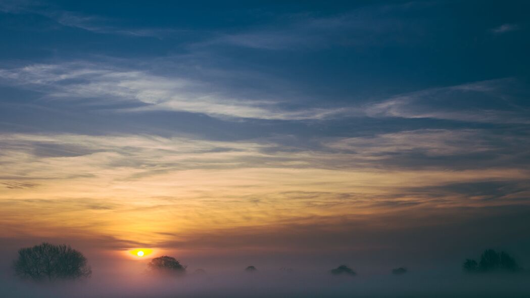 树木掩映雾霭间，日出映红天空景，绝美4K高清壁纸（3840x2160）免费下载