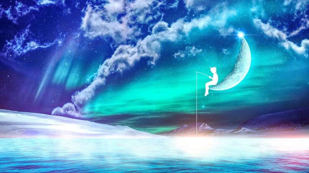 渔夫剪影，月光幻想下的4K高清壁纸，3840x2160精美背景图片下载