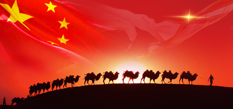一带一路商务科技风，红旗骆驼剪影背景JPG素材，高清下载
