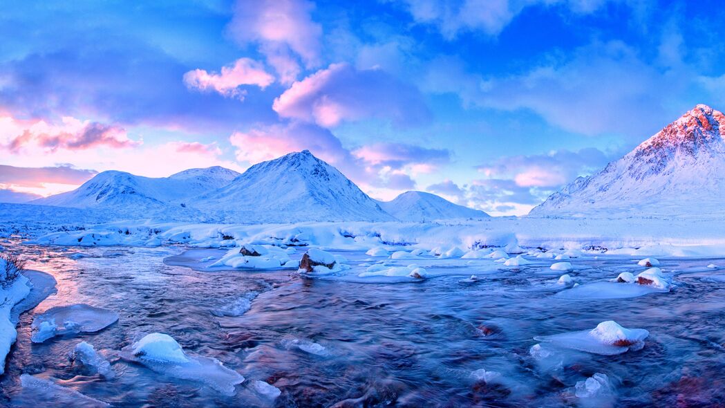 苏格兰高地风光，河流、雪域绝美4K壁纸，3840x2160高清下载