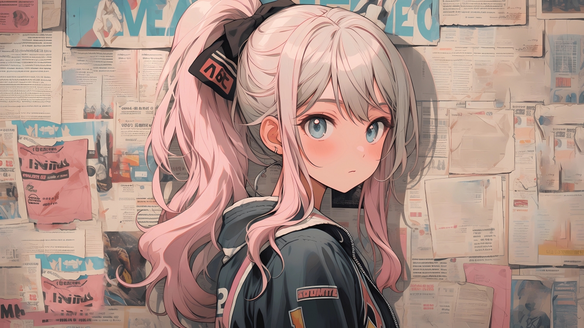 报纸墙背景下的可爱马尾辫少女4K高清电脑壁纸，动漫风格，3840x2160分辨率，免费下载