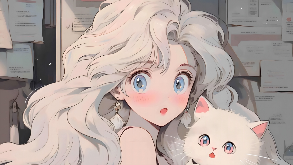 少女与猫共绘的报纸墙，精选4K动漫壁纸，高清3840x2160，一键下载