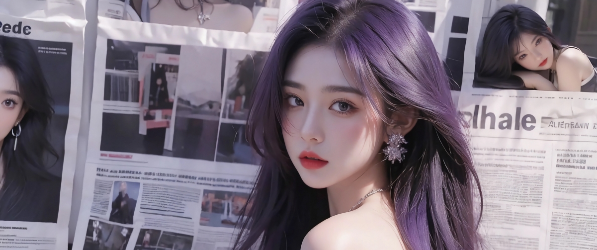 报纸墙美女回眸，3440x1440超高清4K动漫壁纸，一键下载！