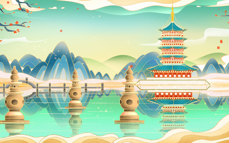 国潮手绘插画壁纸，中国风湖景高清JPG与手绘PSD素材下载
