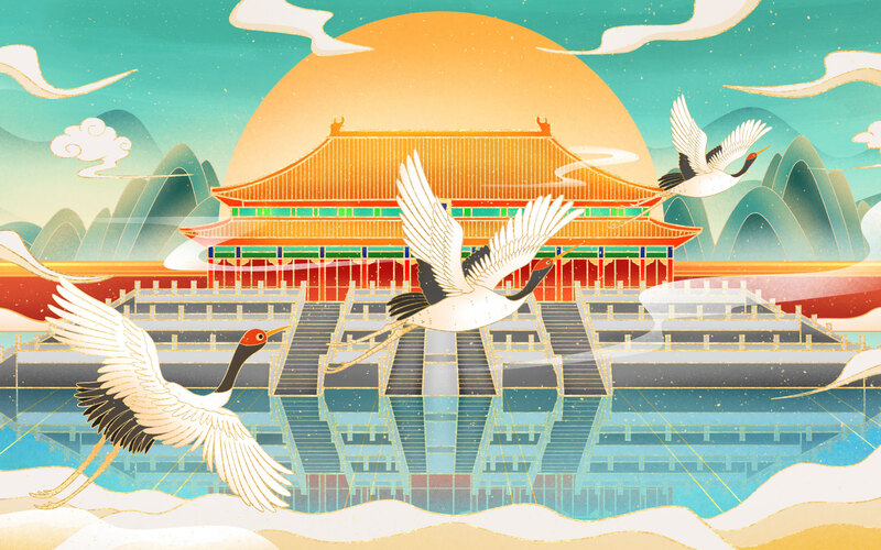 国潮仙鹤手绘插画，高清中国风JPG壁纸，卡通手绘PSD素材下载